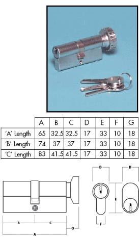 Union 2 x 19 Key and Turn Cylinder "A" Length Satin Chrome