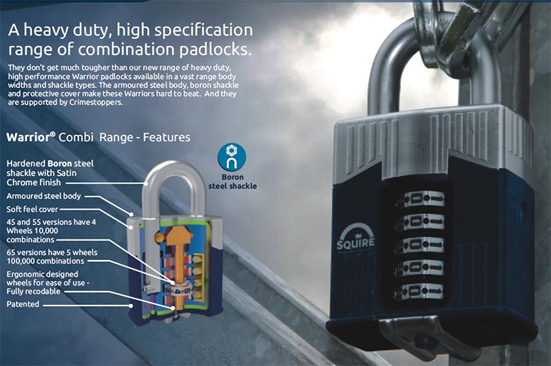Patented Design Boron Steel Shackle Recodable Padlock 4 and 5 Wheels configurations. 4 Wheel - 40 mm SQUIRE Vulcan Combination Padlock 